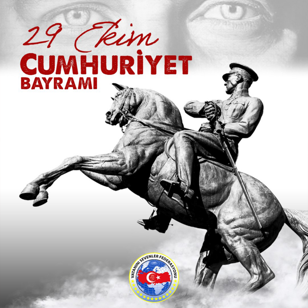 29 Ekim Cumhuriyet Bayramı Kutlu olsun Yazısı ve Şahlanan At Üzerinde Mustafa kemal Atatürk
